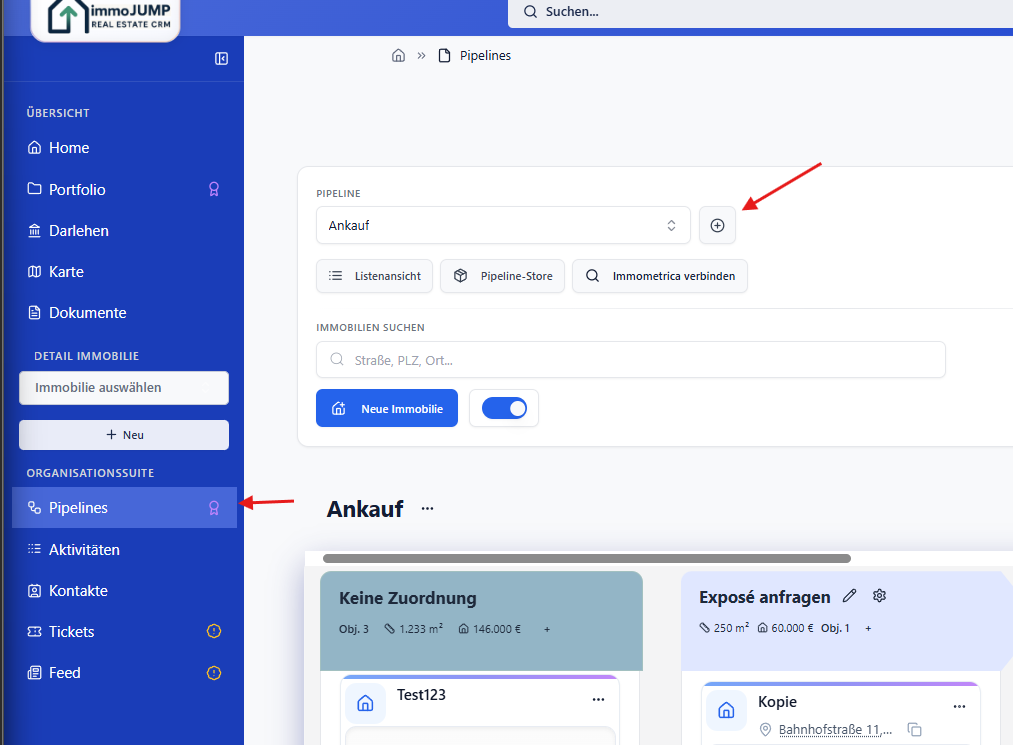 immoJUMP Menü: Pipelines