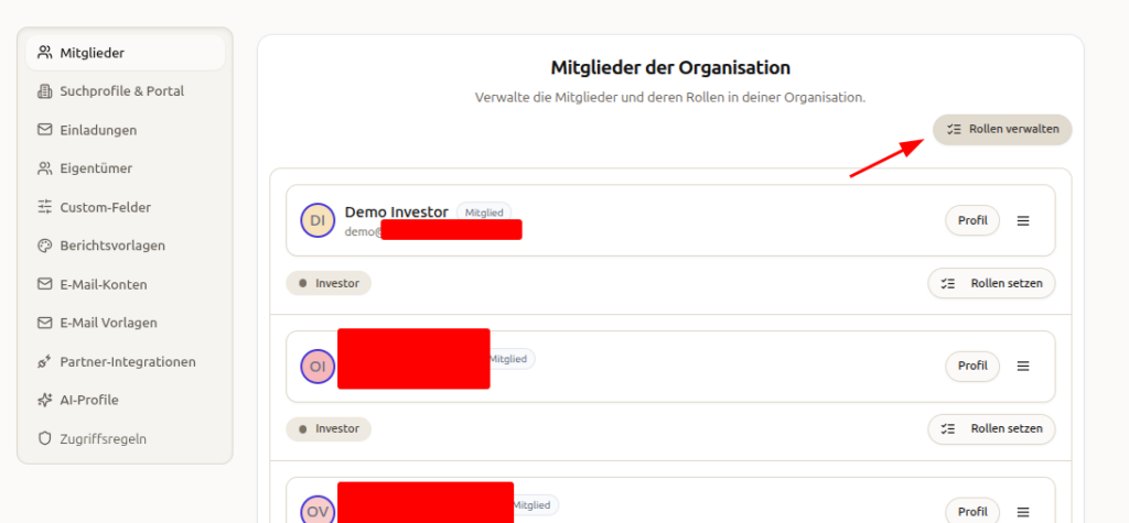 Mitglieder der Organisation – Rollen verwalten Button