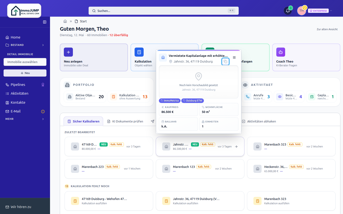 Das immoJUMP-Dashboard mit Schnellzugriff für neue Immobilien, Kalkulationen, E-Mails und KI-Coach