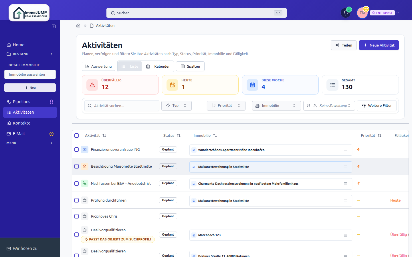 Aktivitätenliste in immoJUMP - Ausgangspunkt für eine neue Aktivität