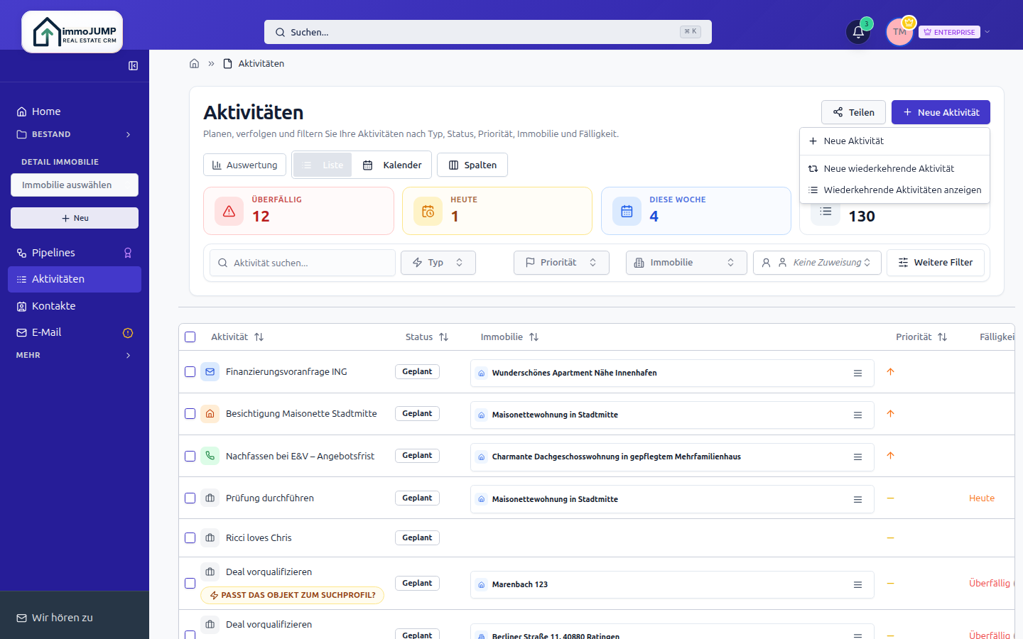 Dialog für neue Aktivität mit Optionen für einmalige oder wiederkehrende Aktivitäten
