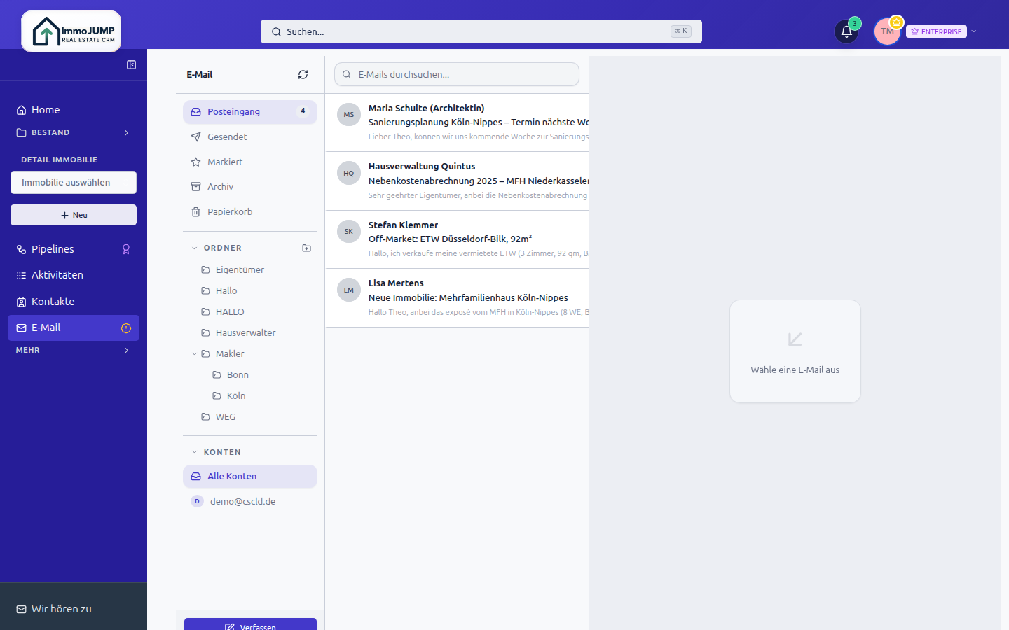 Integriertes E-Mail-Postfach in immoJUMP mit Zuordnung zu Kontakten und Immobilien