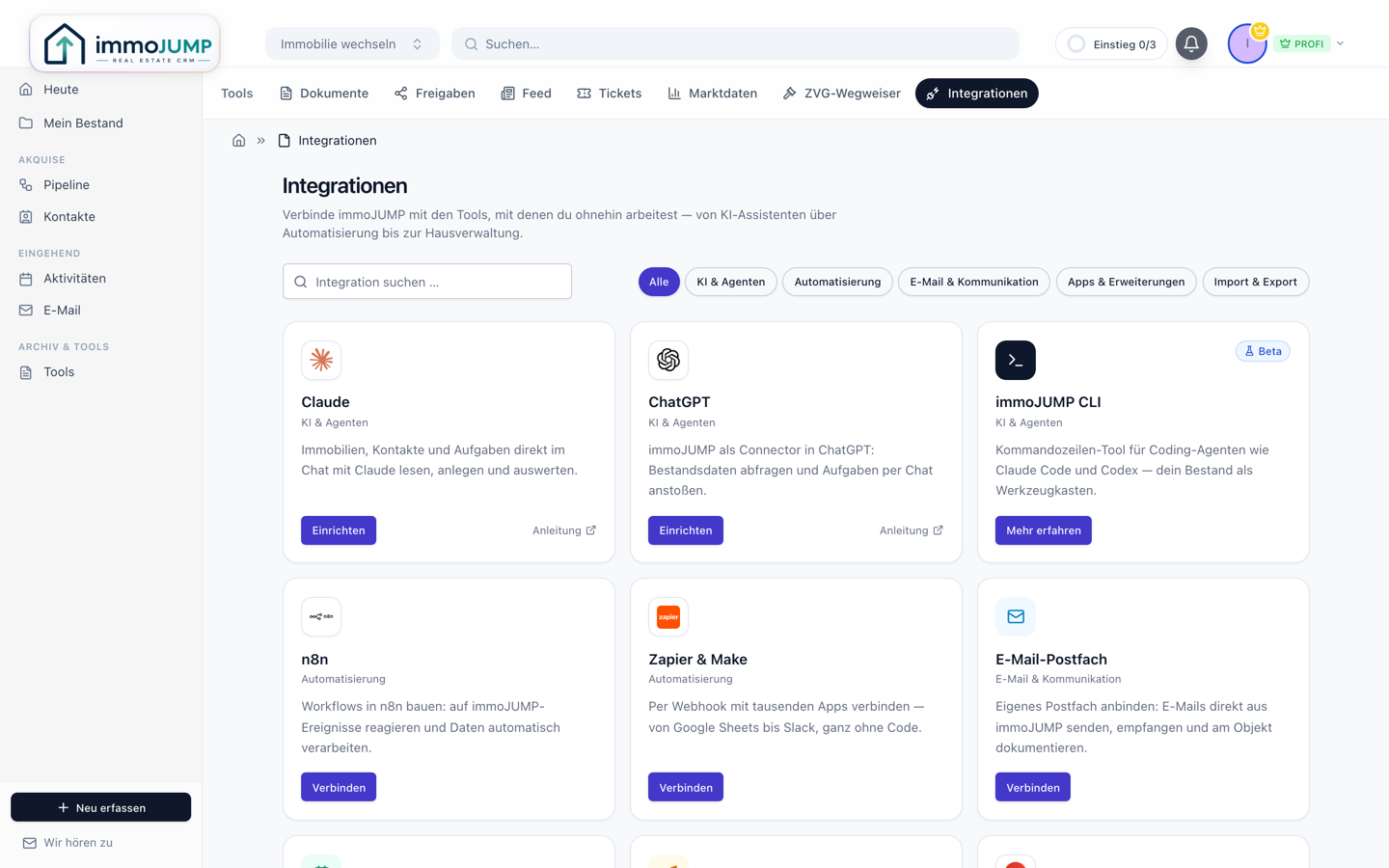 Integrations-Seite in immoJUMP