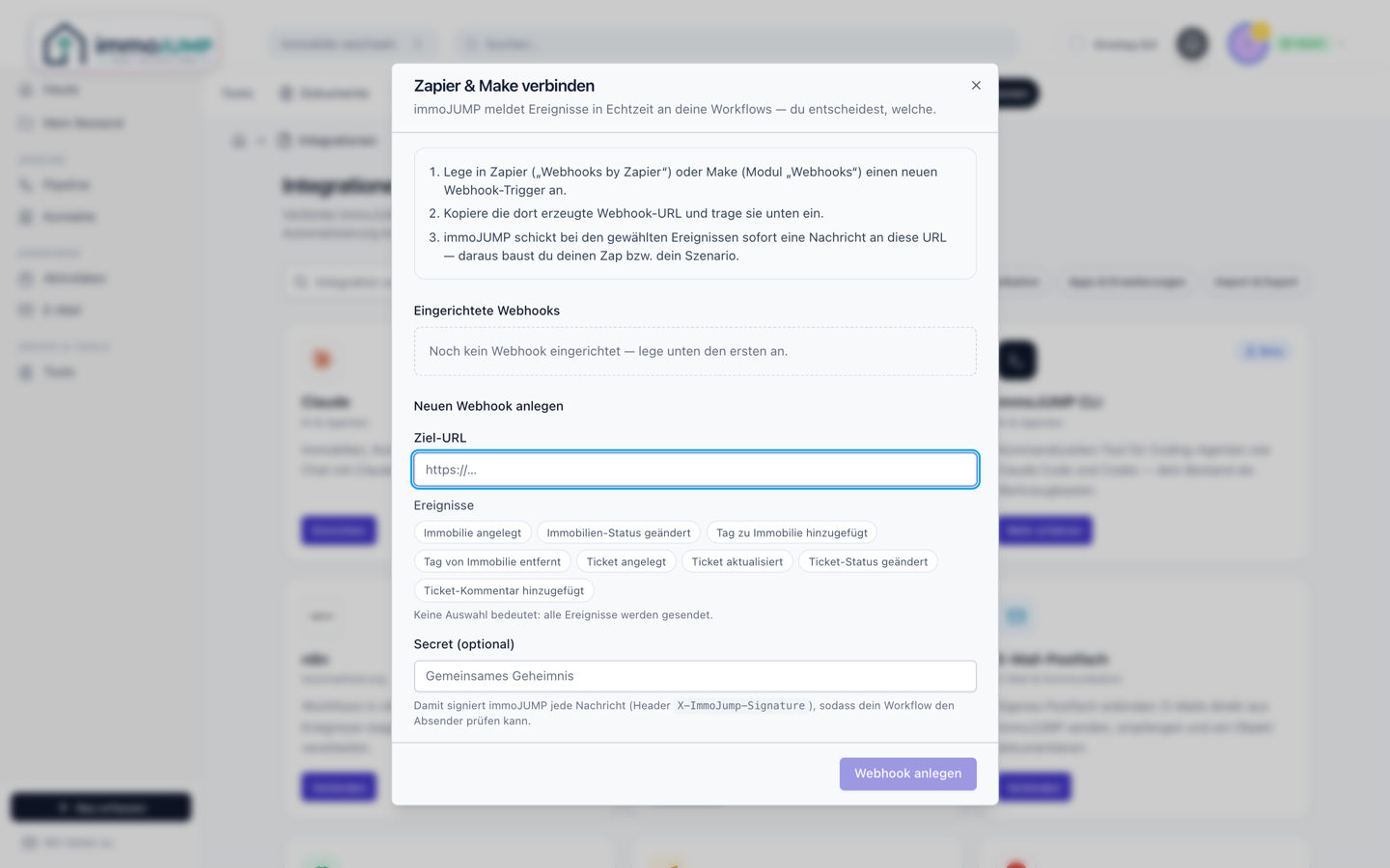 Webhook in immoJUMP anlegen