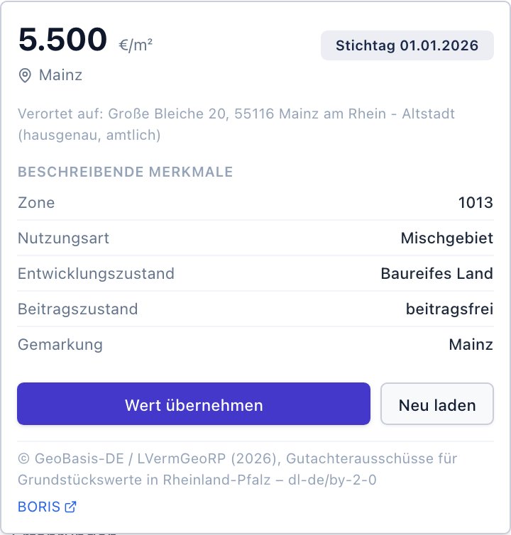 Amtlicher Bodenrichtwert für die Mainzer Altstadt
