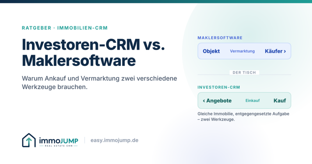 Beitragsbild: Investoren-CRM vs. Maklersoftware – Vermarktung führt ein Objekt zum Käufer, Einkauf führt Angebote zum Kauf.