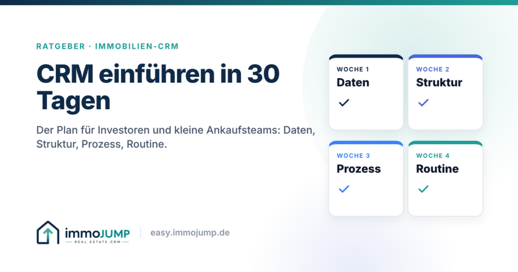 Beitragsbild: Immobilien-CRM einführen in 30 Tagen – vier Wochen Daten, Struktur, Prozess, Routine.