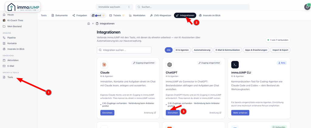 immoJUMP: Tools, Integrationen und Einrichten auf der ChatGPT-Karte