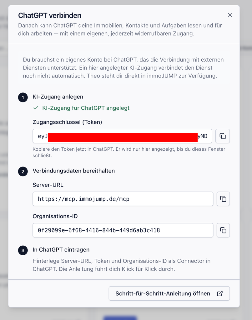 Dialog ChatGPT verbinden mit verdecktem Zugangsschlüssel, Server-URL und Organisations-ID