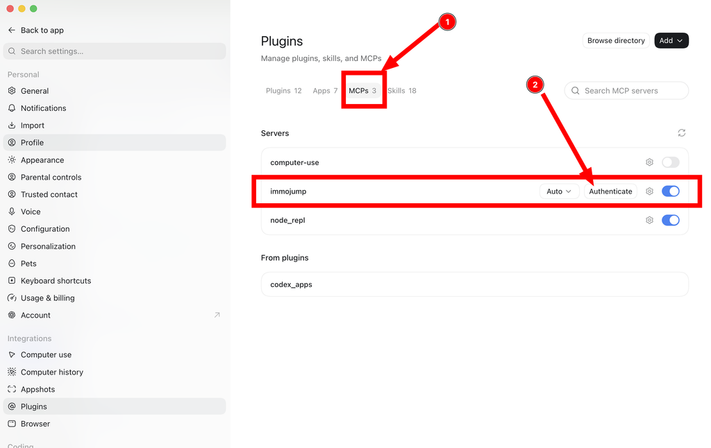 MCP-Liste der OpenAI-App mit immojump und der Schaltfläche Authenticate