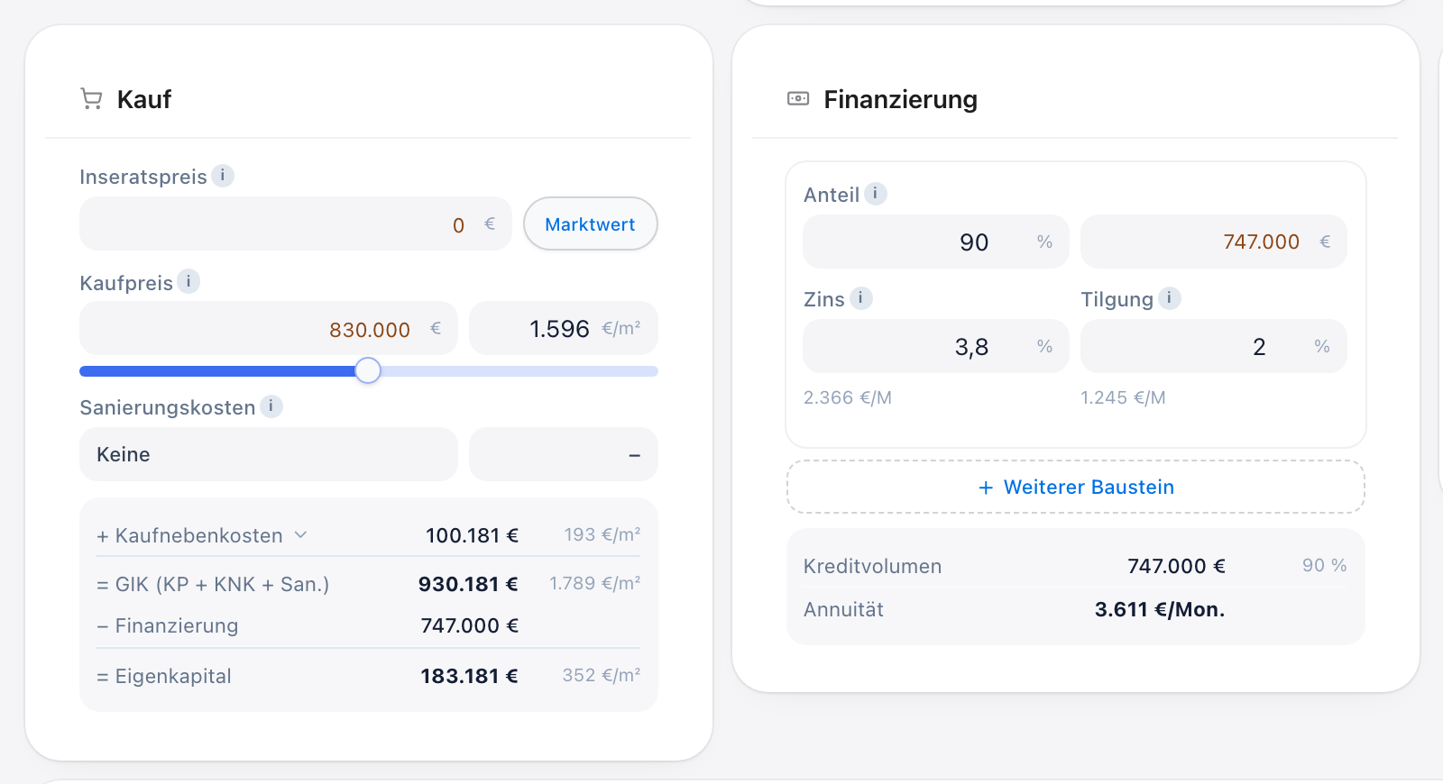 Kaufnebenkosten, Gesamtinvestition, Eigenkapital und Finanzierung eines Mehrfamilienhauses im immoJUMP-Rechner