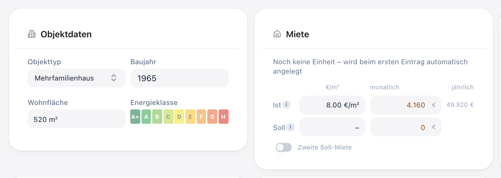 Mehrfamilienhaus kalkulieren in immoJUMP: Objektdaten und Ist-Miete des Beispiels mit 520 m² und 4.160 € Kaltmiete