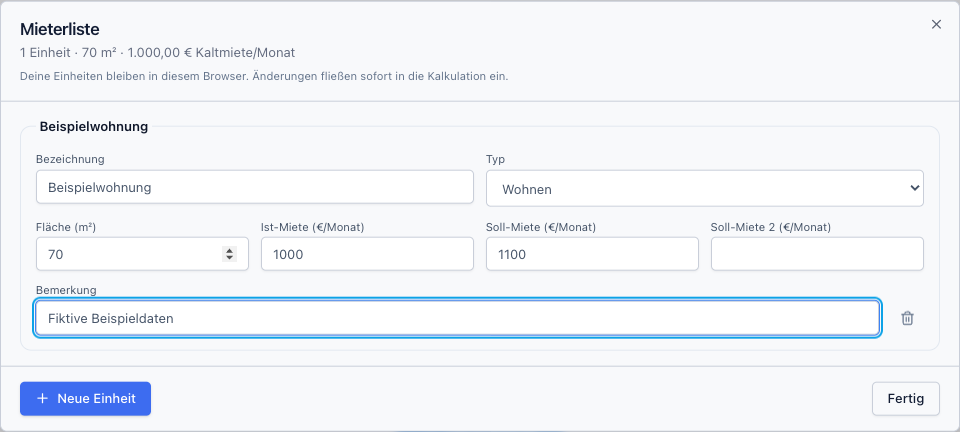 Mieterliste im öffentlichen Rechner mit einer fiktiven Beispielwohnung, Ist-Miete und Soll-Miete