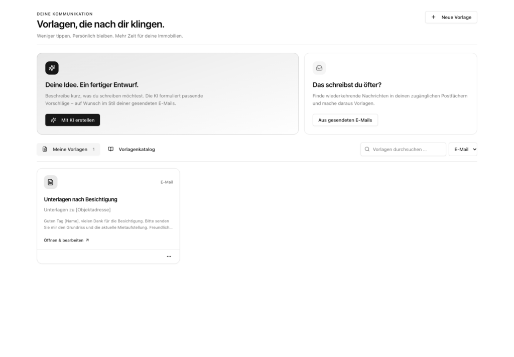Vorlagenverwaltung mit KI-Einstieg, Suche und eigenen E-Mail-Vorlagen