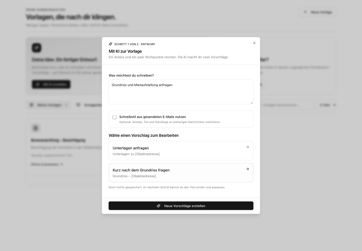 Zwei bearbeitbare E-Mail-Vorschläge aus einer kurzen Beschreibung