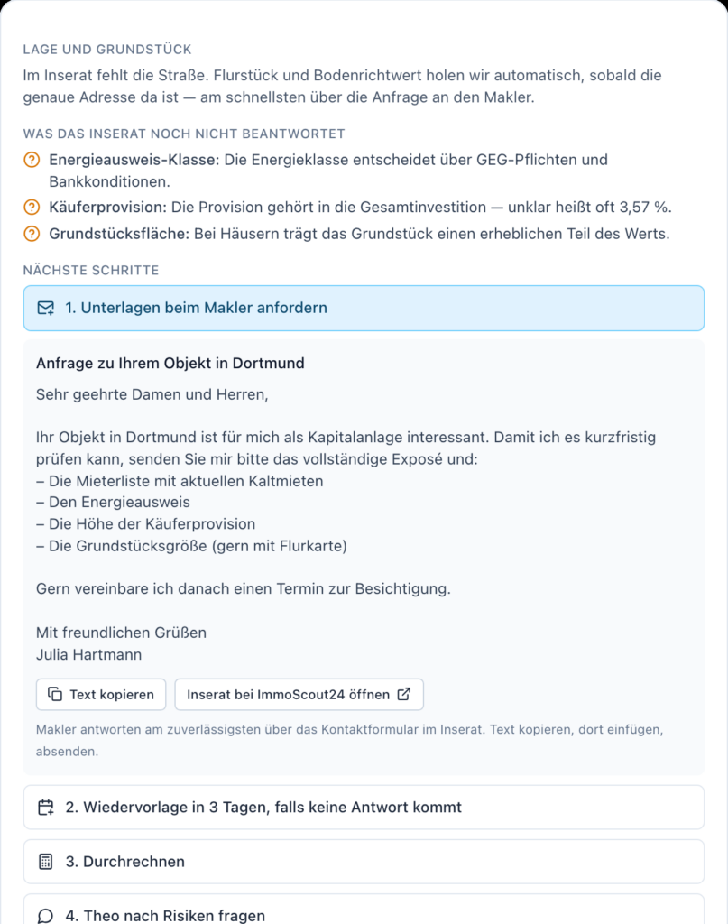 Nächste Schritte mit vorformulierter Anfrage an den Makler und Knopf „Text kopieren“