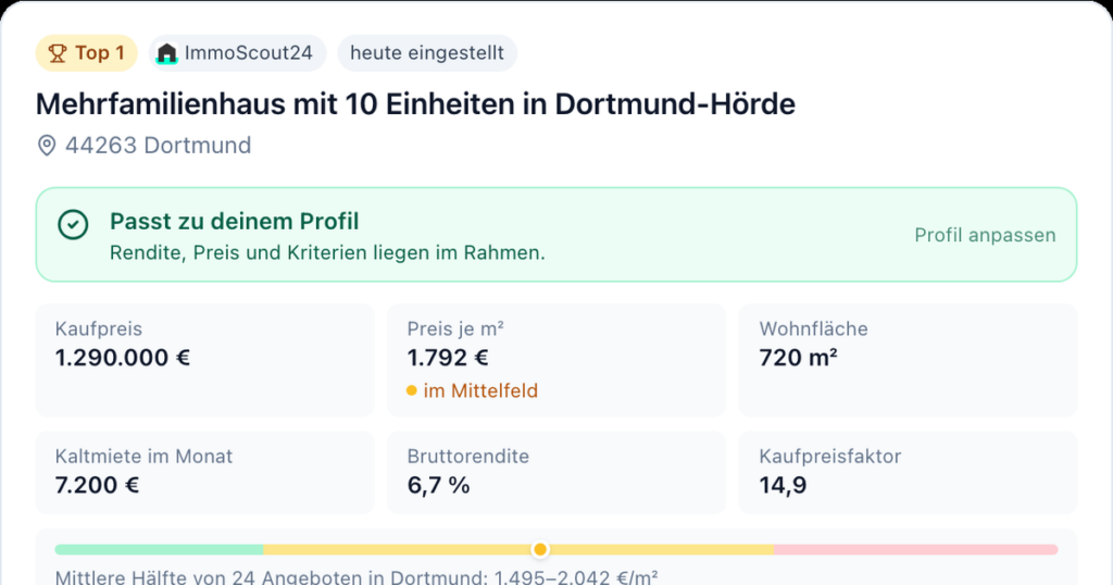 Sichtungskarte mit Urteil „Passt zu deinem Profil“ und Kennzahlen (Beispieldaten)